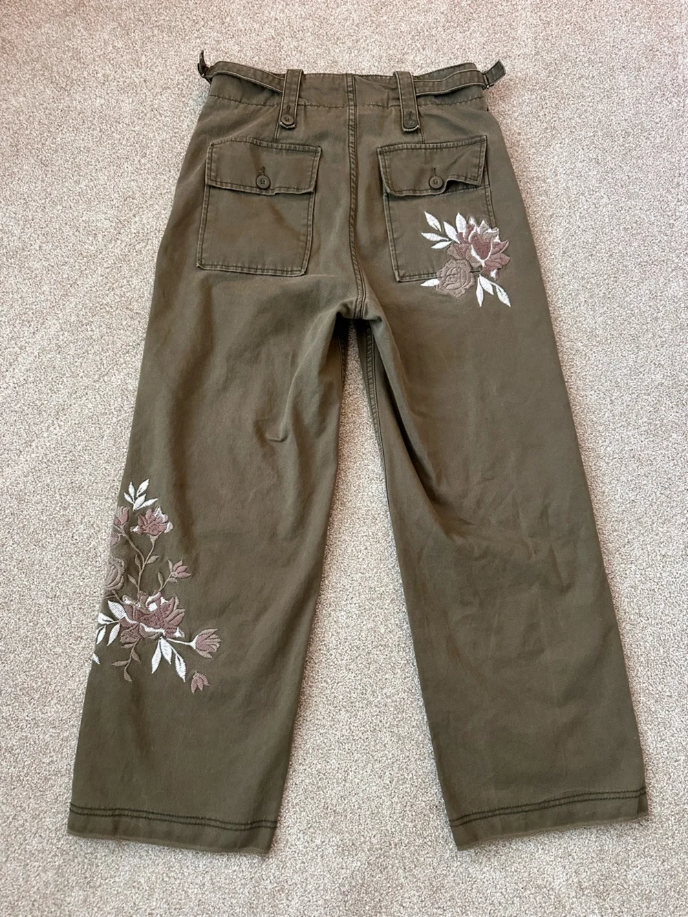 Free People Keep It Real Military Pant Olive Embroidered Floral Cropped Wide Leg